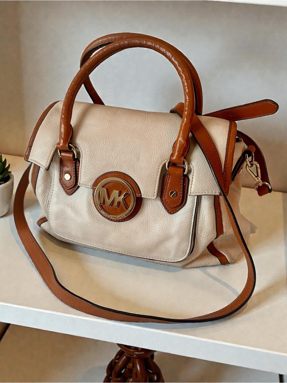 Michael Kors Cream Tan Leather Convertible Crossbody Satchel Bag
